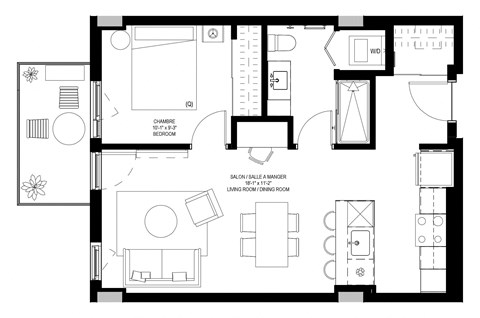 Floor plan for 1 bed, 1 bath, 610 sqft